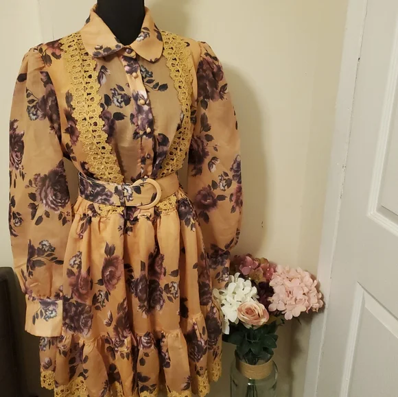 mustard and purple dress African Print Fit and Flare Belted Girl's Dress in Purple, Green and Mustard Hues